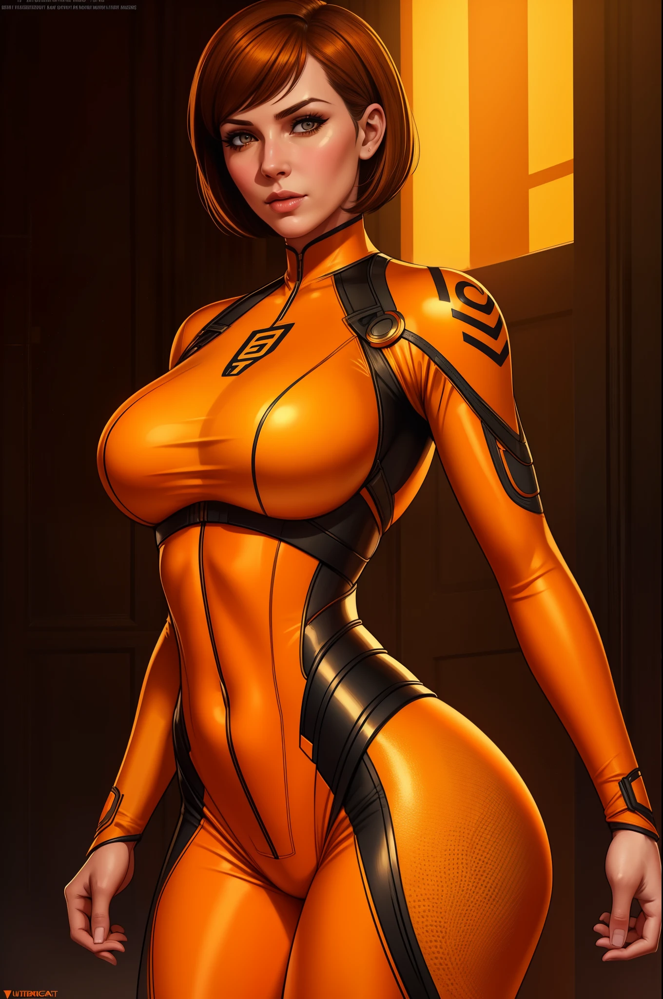 Cate Archer, female character, body suit, bobcut hairstyle, orange and white color scheme, seductive pose, detailed facial features, intricate costume design, cinematic lighting, photorealistic rendering, concept art style, masterpiece, ultra-detailed