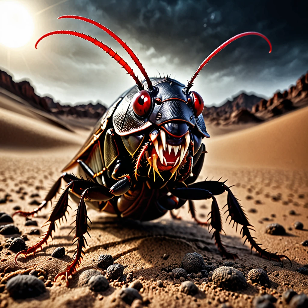 A large and powerful cockroach, with a demonic face with red eyes, open mouth, long and sharp teeth, it plays with a small planet Earth, in a dark earthen desert, with a gloomy atmosphere