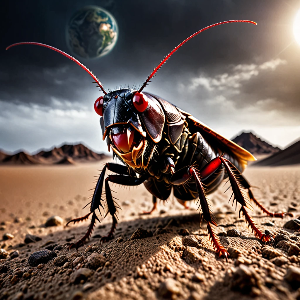 A large and powerful cockroach, with a demonic face with red eyes, open mouth, long and sharp teeth, it plays with a small planet Earth, in a dark earthen desert, with a gloomy atmosphere
