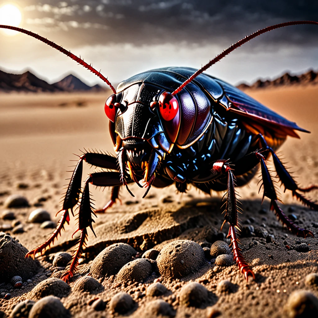 A large and powerful cockroach, with a demonic face with red eyes, open mouth, long and sharp teeth, it plays with a small planet Earth, in a dark earthen desert, with a gloomy atmosphere