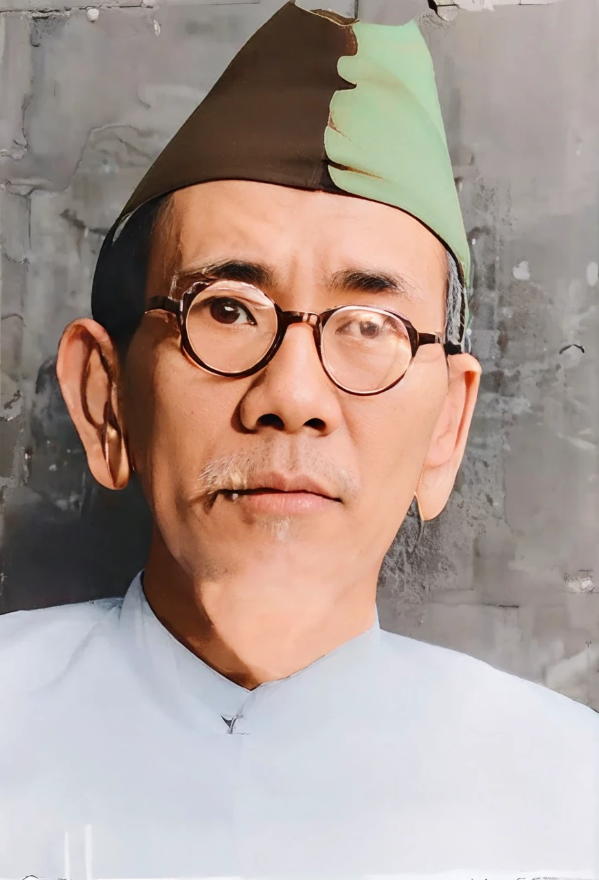 Indonesian Muslim man, brown skin, wearing transparent glasses, ancient cloth head covering, Mandarin style Jaz. All image structures appear realistic HD quality.