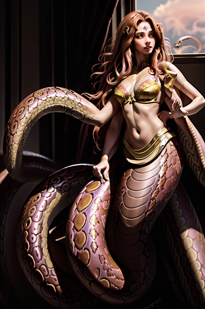 (lamia), (monster girl) , detailed snake skin, (detailed scales skin), (Elongated snake tail:1.3), red tail, red scales, ((Solo)), ((Masterpiece)) ,((High Quality)), ((Perfect Face)) ,((Beautiful)) ,((Round face)), ((Middle aged)) ,((Auburn hair)) ,((Long Hair)) ,((Cute Nose)) ,((Yellow Eyes)) ,((Dark Skin)) ,((bra)), ((pelvic curtains)) ,((Full lips)) ,Curvy figure, ExtraArms, extra arms, dancing, indoors, arabian house, curtains, hookah, pink smoke, pink fog,