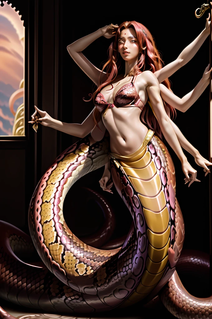 (lamia), (monster girl) , detailed snake skin, (detailed scales skin), (Elongated snake tail:1.3), red tail, red scales, ((Solo)), ((Masterpiece)) ,((High Quality)), ((Perfect Face)) ,((Beautiful)) ,((Round face)), ((Middle aged)) ,((Auburn hair)) ,((Long Hair)) ,((Cute Nose)) ,((Yellow Eyes)) ,((Dark Skin)) ,((bra)), ((pelvic curtains)) ,((Full lips)) ,Curvy figure, ExtraArms, extra arms, dancing, indoors, arabian house, curtains, hookah, pink smoke, pink fog,