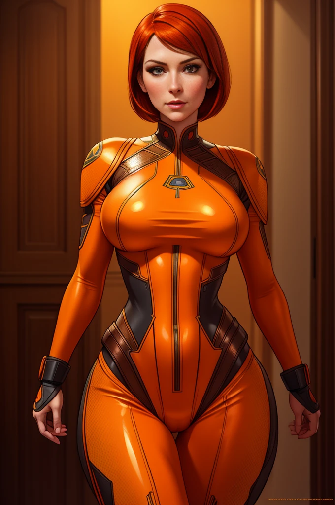 Cate Archer, female character, body suit, bobcut hairstyle, orange and white color scheme, seductive pose, detailed facial features, intricate costume design, cinematic lighting, photorealistic rendering, concept art style, masterpiece, ultra-detailed, red hair