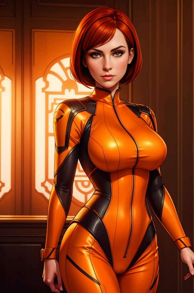 Cate Archer, female character, body suit, bobcut hairstyle, orange and white color scheme, seductive pose, detailed facial features, intricate costume design, cinematic lighting, photorealistic rendering, concept art style, masterpiece, ultra-detailed, red hair