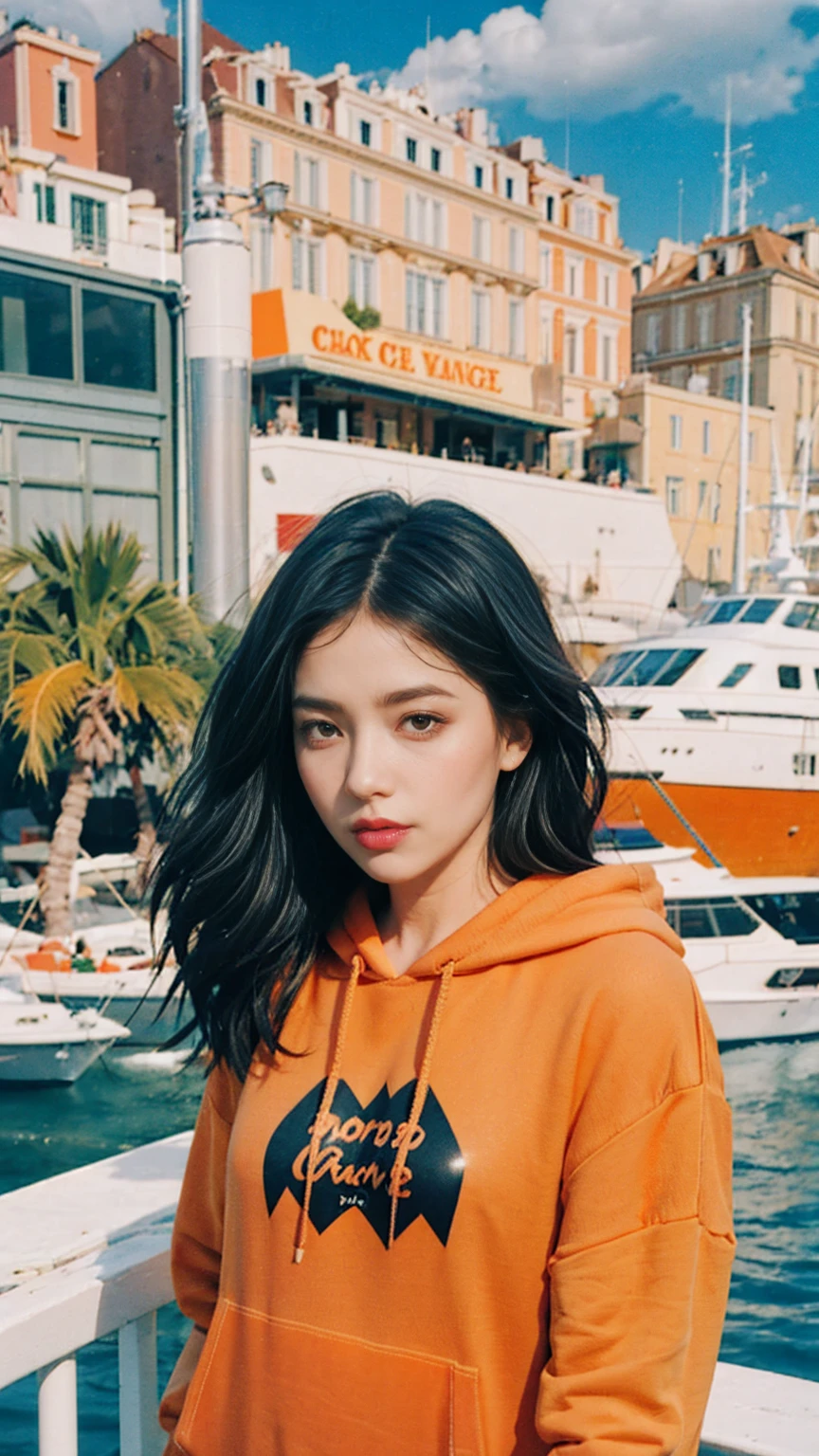 ((long shot photography)) ((best quality)), ((masterpiece)), (detailed),upper body,close-up, 8k, RAW photo,1 girl,smilie,real polaroid photo, beautiful, ultra-realistic,detail face ,light leak,dark intens shadow ,(black pixie hairstyles), almond eye, no makeup, (((blank oversized orange hoodie))), (purple color skirt),the scene takes in front on a balcony overlooking the luxurious harbor of Monte Carlo with yachts docked against a backdrop of the iconic Casino de Monte-Carlo, (very detailed:1.1),(from below:1.2), (realistic:1.1), (surreal:1.2),palm trees,sunny,summer, blue sky