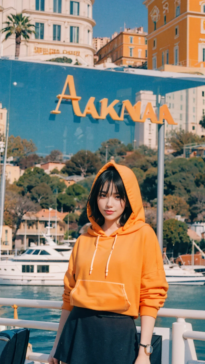 ((long shot photography)) ((best quality)), ((masterpiece)), (detailed),upper body,close-up, 8k, RAW photo,1 girl,smilie,real polaroid photo, beautiful, ultra-realistic,detail face ,light leak,dark intens shadow ,(black pixie hairstyles), almond eye, no makeup, (((blank oversized orange hoodie))), (purple color skirt),the scene takes in front on a balcony overlooking the luxurious harbor of Monte Carlo with yachts docked against a backdrop of the iconic Casino de Monte-Carlo, (very detailed:1.1),(from below:1.2), (realistic:1.1), (surreal:1.2),palm trees,sunny,summer, blue sky