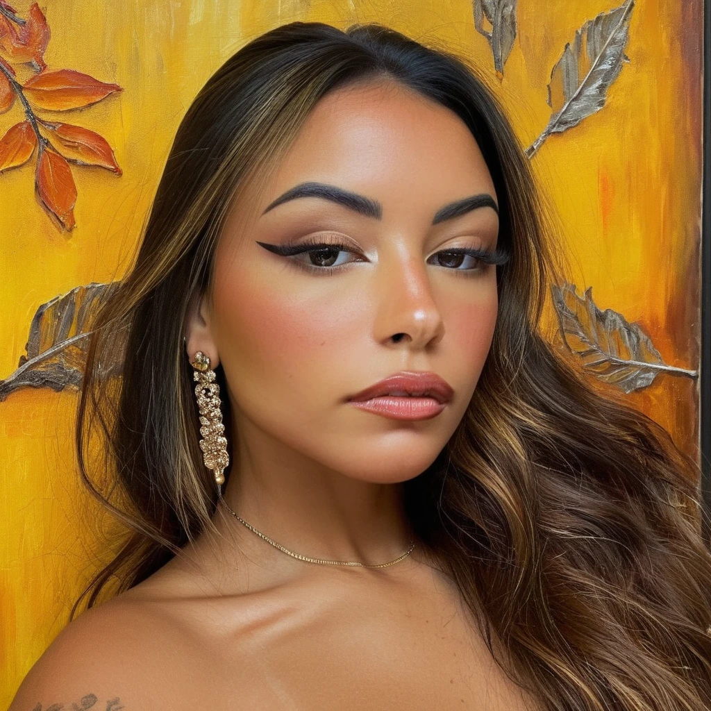 latina woman, beautiful detailed eyes, beautiful detailed lips, extremely detailed face, long eyelashes, sensual pose, seductive gaze, elegant, high fashion, glamorous, dramatic lighting, cinematic, chiaroscuro, oil painting, vibrant colors, warm color palette