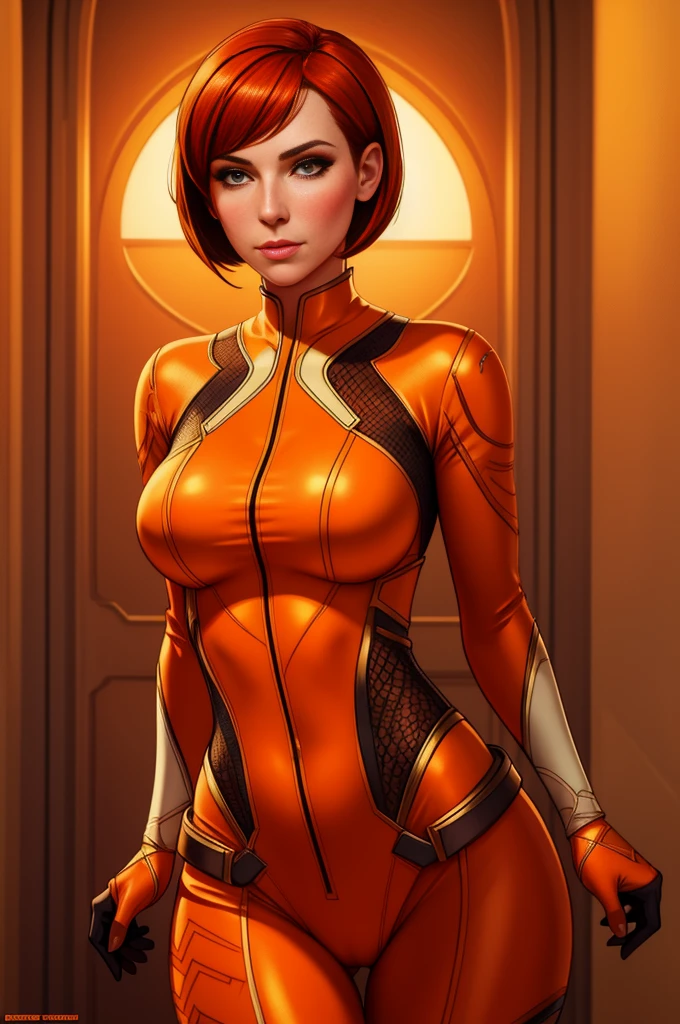 Cate Archer, female character, body suit, bobcut hairstyle, orange and white color scheme, seductive pose, detailed facial features, intricate costume design, cinematic lighting, photorealistic rendering, concept art style, masterpiece, ultra-detailed, crimson hair