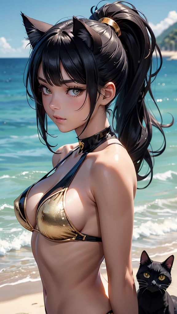 (high resolution, upper body, soft skin:1.2),(best illustration,masterpiece:1.2),ultra-detailed,[(cat ears , black inside:1.2, black ponytail hair, gold cat eyes),vivid colors,sharp focus, sunlight,bokeh, wearing a gold bikini, beach background 