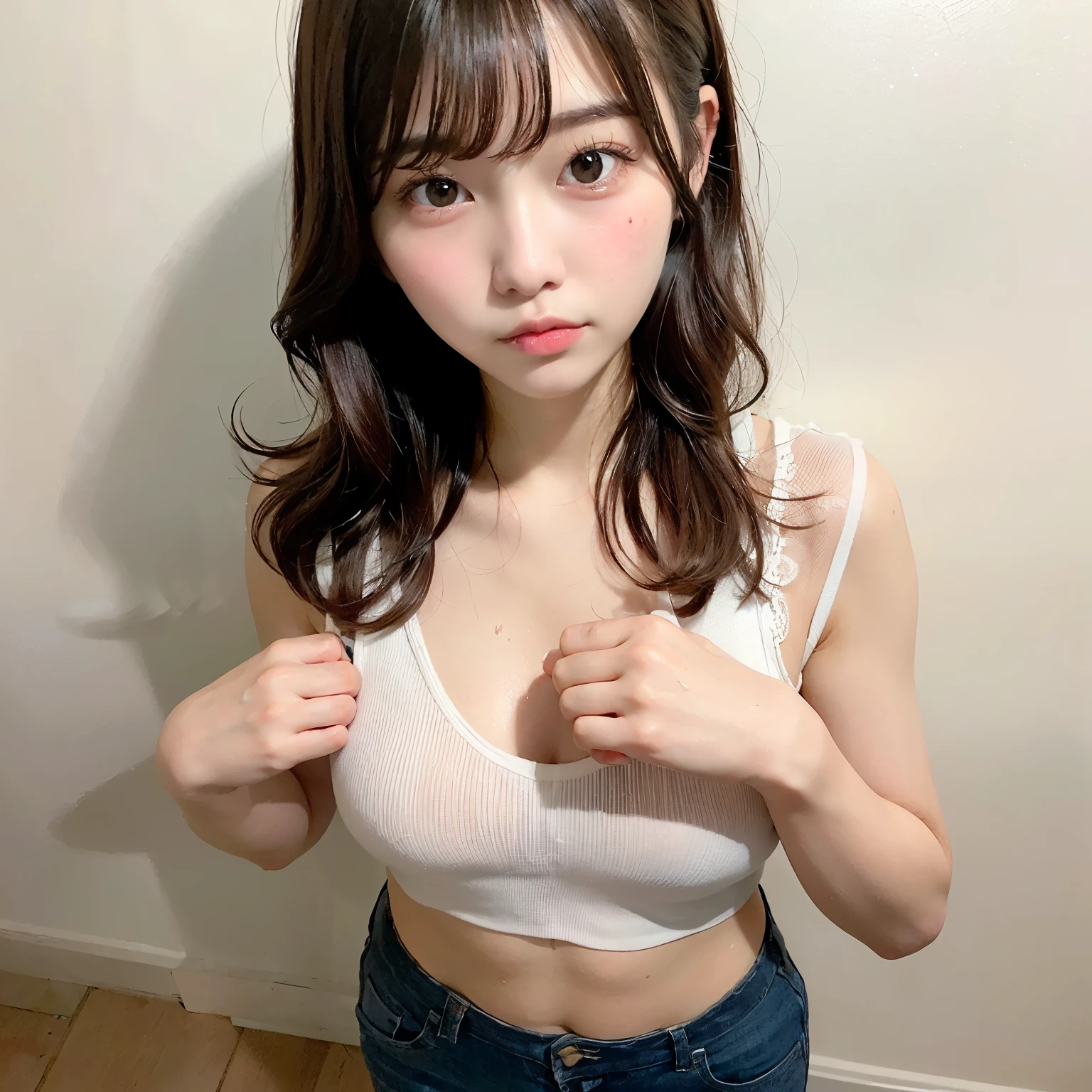 ((beautiful Korean girl:1.3)),big breasts:1.4,(sweaty:1.5),(Pretty Woman:1.4),((Short light brown hair,tousled wavy hair with lots of detail),(detailed hands)),(a flat stomach:1.2),((Random hairstyles:1.2)),(1 girl), perfect shape,eye of detail、double eyelid,beautiful light brown eyes, (pure white shirt with neckline), short jeans, photo taken almost full body