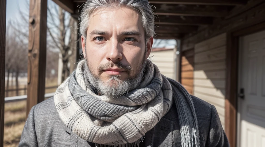 bushy man with beard and scarf, gray hair and beard, 53 years old man with dark gray hair, some gray hair in his beard, short white beard, Gray beard, silver hair and beard, he has a beard and middle aged man 53 years different poses and different clothes and the same face he is alone in the realistic photo
