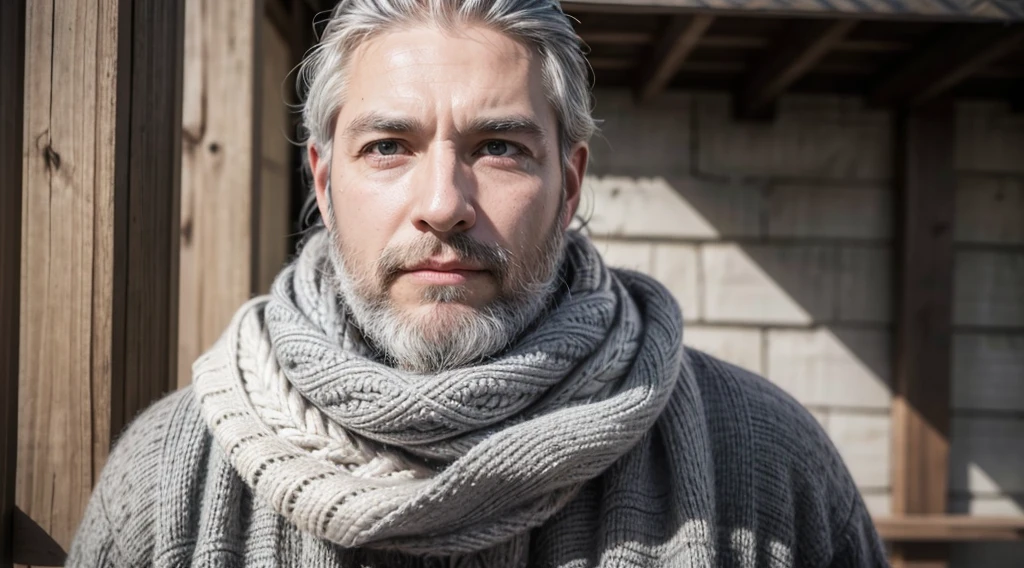 bushy man with beard and scarf, gray hair and beard, 53 years old man with dark gray hair, some gray hair in his beard, short white beard, Gray beard, silver hair and beard, he has a beard and middle aged man 53 years different poses and different clothes and the same face he is alone in the realistic photo