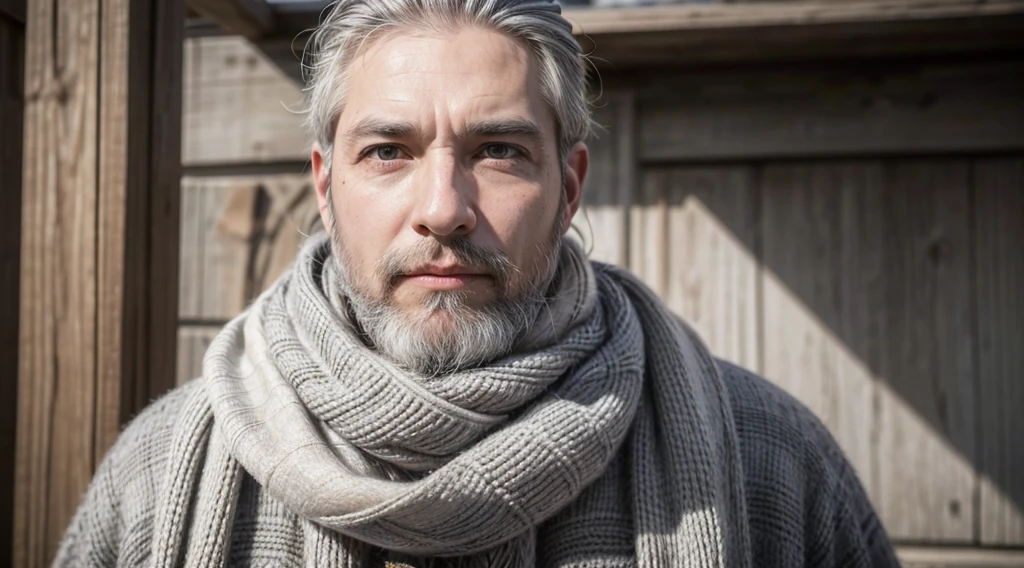 bushy man with beard and scarf, gray hair and beard, 53 years old man with dark gray hair, some gray hair in his beard, short white beard, Gray beard, silver hair and beard, he has a beard and middle aged man 53 years different poses and different clothes and the same face he is alone in the realistic photo