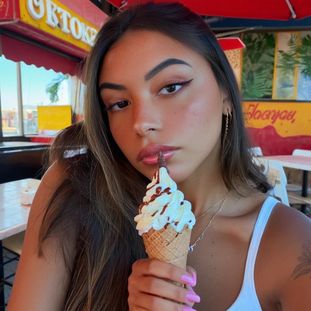 latina girl with a sexy gaze holding an ice cream, beautiful detailed eyes, beautiful detailed lips, extremely detailed face and skin, intimate portrait, seductive expression, vivid colors, dramatic lighting, cinematic composition, masterpiece, 8k, high quality, photorealistic, professional photography