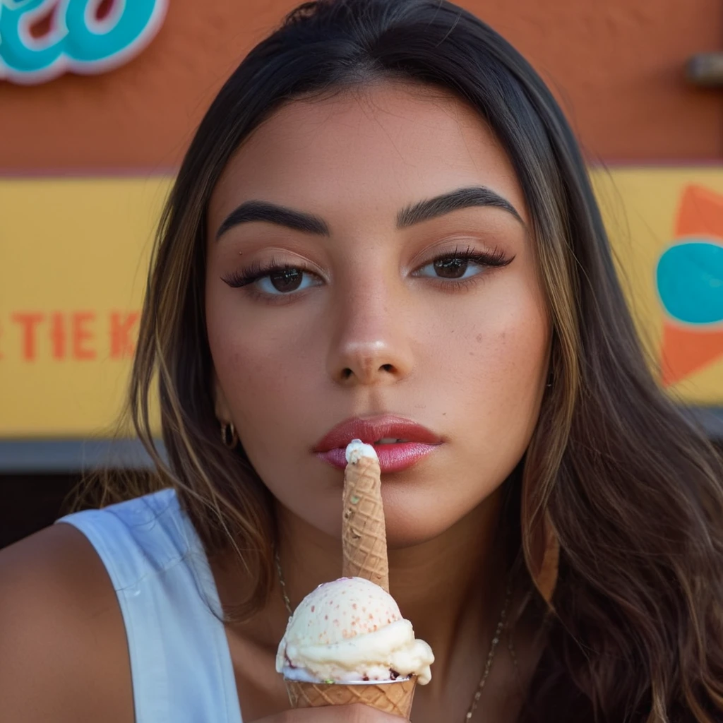 latina girl with a sexy gaze holding an ice cream, beautiful detailed eyes, beautiful detailed lips, extremely detailed face and skin, intimate portrait, seductive expression, vivid colors, dramatic lighting, cinematic composition, masterpiece, 8k, high quality, photorealistic, professional photography