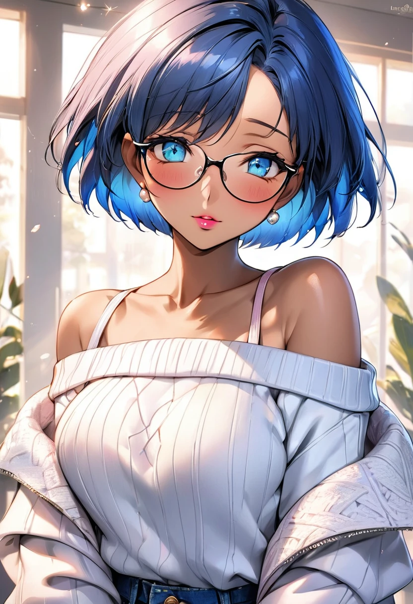 (masterpiece, best quality:1.2), ,1 Girl, solo，Blue short hair（（（Exquisite eyes）））（（off-shoulder sweater））Radiant Skin，dark skin，wear glasses，Pink lips