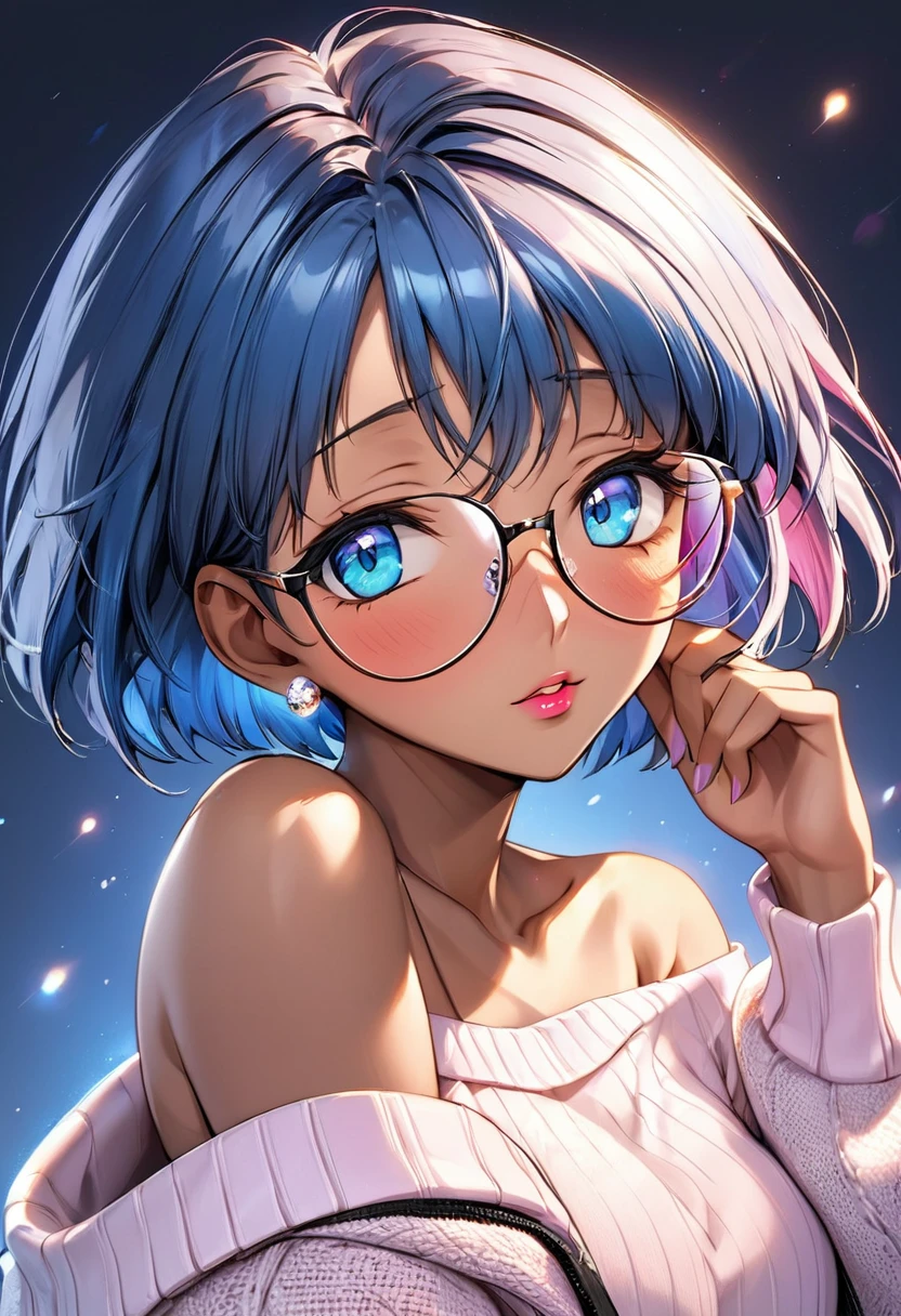 (masterpiece, best quality:1.2), ,1 Girl, solo，Blue short hair（（（Exquisite eyes）））（（off-shoulder sweater））Radiant Skin，dark skin，wear glasses，Pink lips