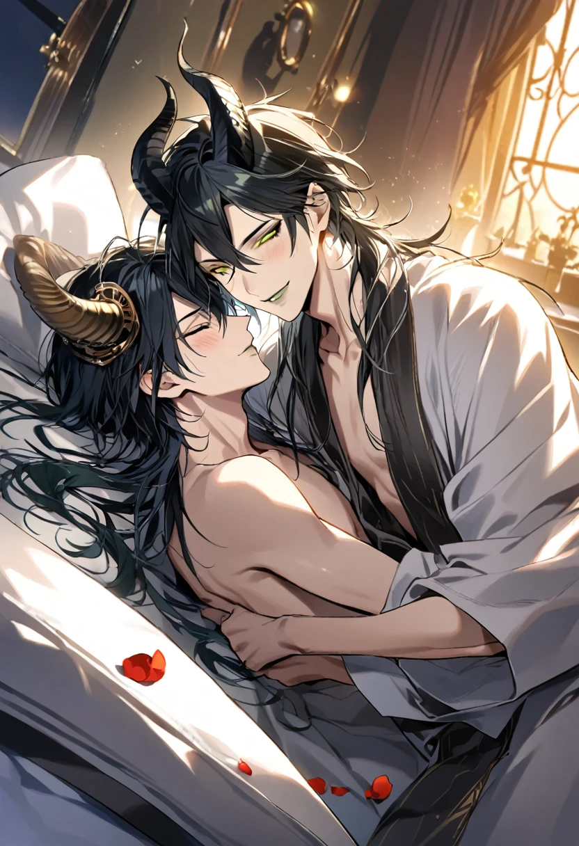 1boy, 1man, duo, super fine illustration, best quality, steam punk, luxurious hotel suite, king-size bed,young adult, black hair, blue eyes, silver hair, green eyes, handsome,peaceful sleeping, rose petals, soft lighting, serene expressions, window light, intimate,full-face blush, Naked a bathrobe,shut one's eyes,NSFW malleus draconia (twisted wonderland) horns, bishounen, boy, male, yana Toboso style, long hair, black hair, yellow green eyes, smile, gray lips, handsome, skinny, tall, yellow green glow,