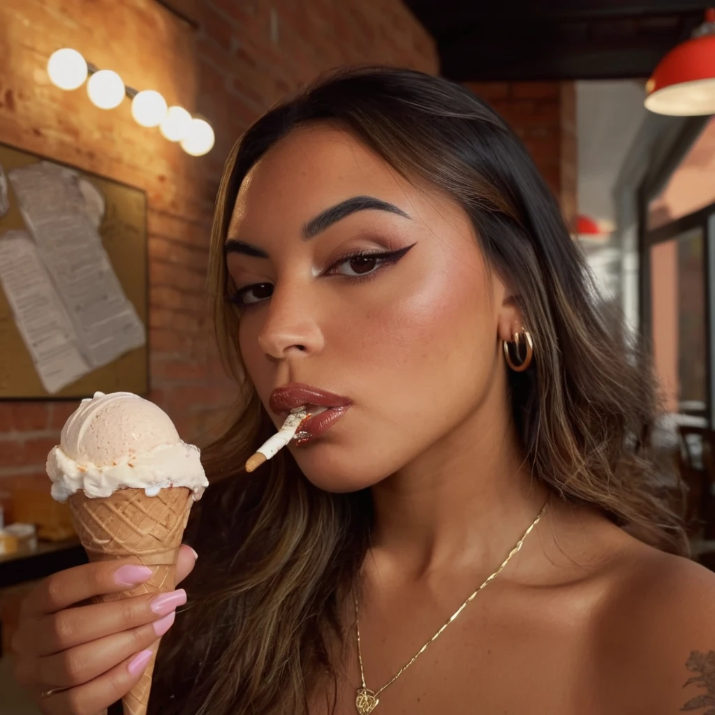 latina woman with a sexy gaze licking an ice cream, detailed face and eyes, highly detailed, 8k, photorealistic, masterpiece, chiaroscuro lighting, dramatic shadows, warm color palette, cinematic composition, elegant pose, sensual and seductive