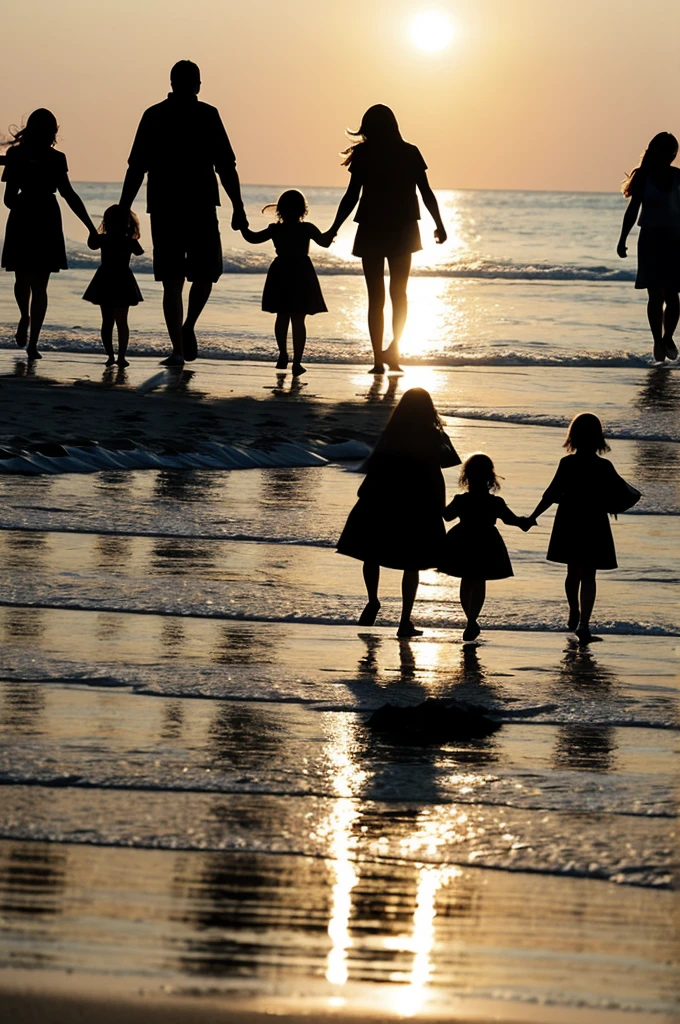 Silhouette of family of 5 members, mother, Dad, 1 , and 2 girls, walking holding hands.