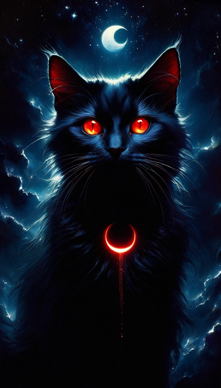 a fierce cat with glowing red eyes, dark satanic magic, night sky with a crescent moon and stars, oil painting, (best quality,4k,8k,highres,masterpiece:1.2),ultra-detailed,(realistic,photorealistic,photo-realistic:1.37),dark,dramatic lighting,dramatic colors,mystical,surreal,chiaroscuro,painterly,Bill Sienkiewicz inspired,cinematic composition