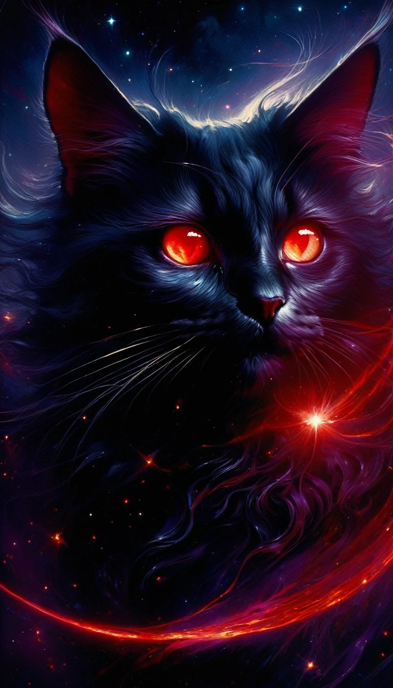 a fierce cat with glowing red eyes, dark satanic magic, night sky with a crescent moon and stars, oil painting, (best quality,4k,8k,highres,masterpiece:1.2),ultra-detailed,(realistic,photorealistic,photo-realistic:1.37),dark,dramatic lighting,dramatic colors,mystical,surreal,chiaroscuro,painterly,Bill Sienkiewicz inspired,cinematic composition