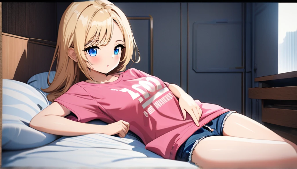 ((anime onichichi art, masterpiece, 4k, extreme quality)).
The year is 2024.
The theme is prostituition.
The setting is a 25m² room, the walls are white, the ceiling has friezes with 3000k LED that completely illuminates the setting, the floor is wooden, there is a wooden double bed with a light pink cover, a wooden nightstand next to.
There is a girl, she is lying on the bed, she is , focus of scene, short height(short:1.7), blonde(long:1.9) hair(bright:1.9) messy, blue eyes(bright:1.9), face wonderful, thin body(thin: 1.9), large and round breasts, thin waist(thin: 1.9), large and round ass, wide hips, slender thighs, wearing shorts(short: 1.4) jeans with an open zipper, wearing a t-shirt(short:1.4) white, she is embarrassed. The atmosphere is sensual and mysterious.
Complete view of the scene.