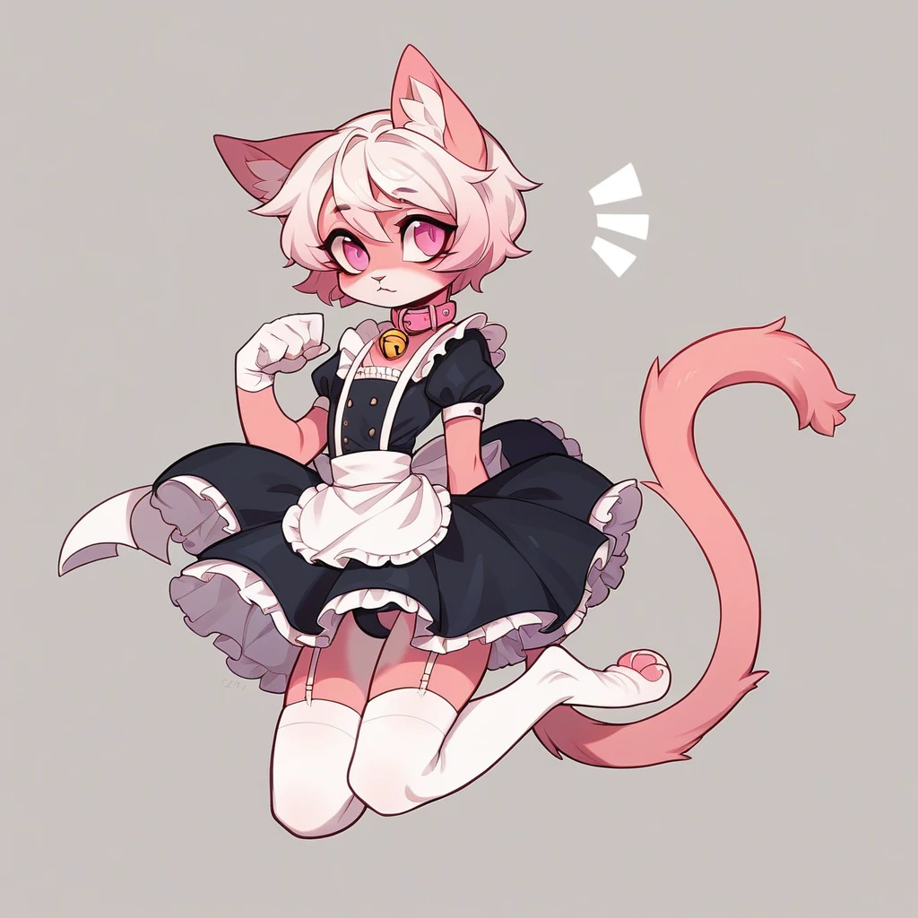 work of art, perfect, highy detailed, (small hibryd anthro cat femboy), fluffy black fur, ((pink eyes)), ((1))fluffy cat tail, short white hair, tiny chest, (PINK CAT Ears), Wearing a pink collar, short maid dress, White silk gloves, silk white thigh socks, wearing a black muzzle, True muzzle, god of eyes, niji, god of eyes, niji,blue colored eyes