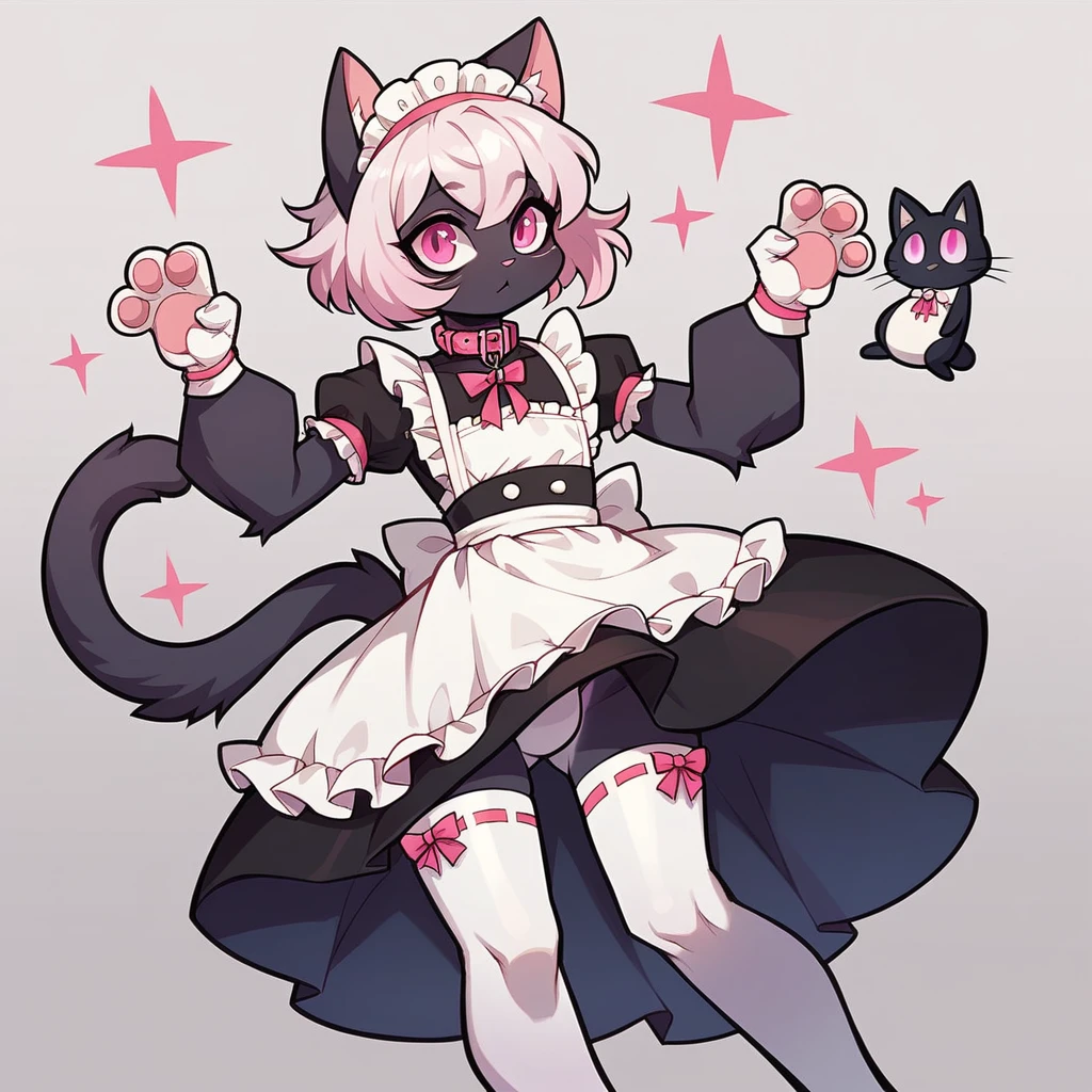 work of art, perfect, highy detailed, (small hibryd anthro cat femboy), fluffy black fur, ((pink eyes)), ((1))fluffy cat tail, short white hair, tiny chest, (PINK CAT Ears), Wearing a pink collar, short maid dress, White silk gloves, silk white thigh socks, wearing a black muzzle, True muzzle, god of eyes, niji, god of eyes, niji,blue colored eyes 