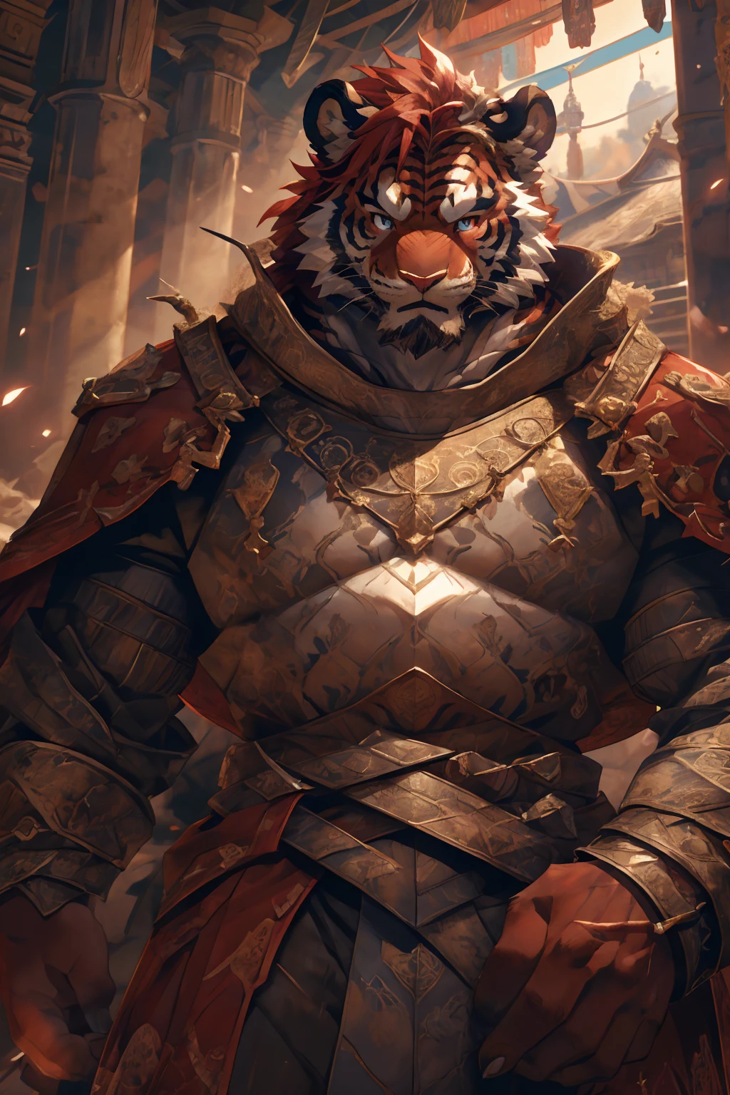 (赤红色tiger),(赤红流火Military commander战袍),(Holding a long sword),Awesome posture,Sitting quietly on the edge of the cliff,(The background is a city with bright lights.:1.2),Abdominal muscles,完美的masterpiece,Various facial details,Close-up view,specific description,masterpiece,cg,(Red eyes),Crimson pattern,Crimson tail,Military commander,Heroic,tiger,Crimson fur,Detailed facial details,),(Half Body),(Long feather),((middle aged)),(Face Focus:1.3),(16K),HD,Red and white abdomen,temple,beard,(Face lines),Heterochromia,(Red battle robe),(Crimson hair),Strong,muscle,(high resolution:1.3),