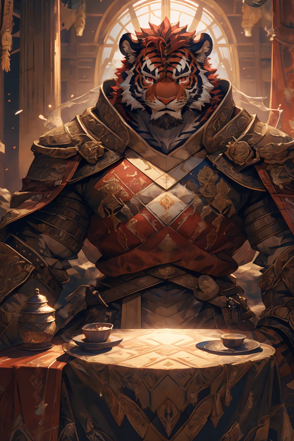 (赤红色tiger),(赤红流火Military commander战袍),(Holding a long sword),Awesome posture,Sitting quietly on the edge of the cliff,(The background is a city with bright lights.:1.2),Abdominal muscles,完美的masterpiece,Various facial details,Close-up view,specific description,masterpiece,cg,(Red eyes),Crimson pattern,Crimson tail,Military commander,Heroic,tiger,Crimson fur,Detailed facial details,),(Half Body),(Long feather),((middle aged)),(Face Focus:1.3),(16K),HD,Red and white abdomen,temple,beard,(Face lines),Heterochromia,(Red battle robe),(Crimson hair),Strong,muscle,(high resolution:1.3),