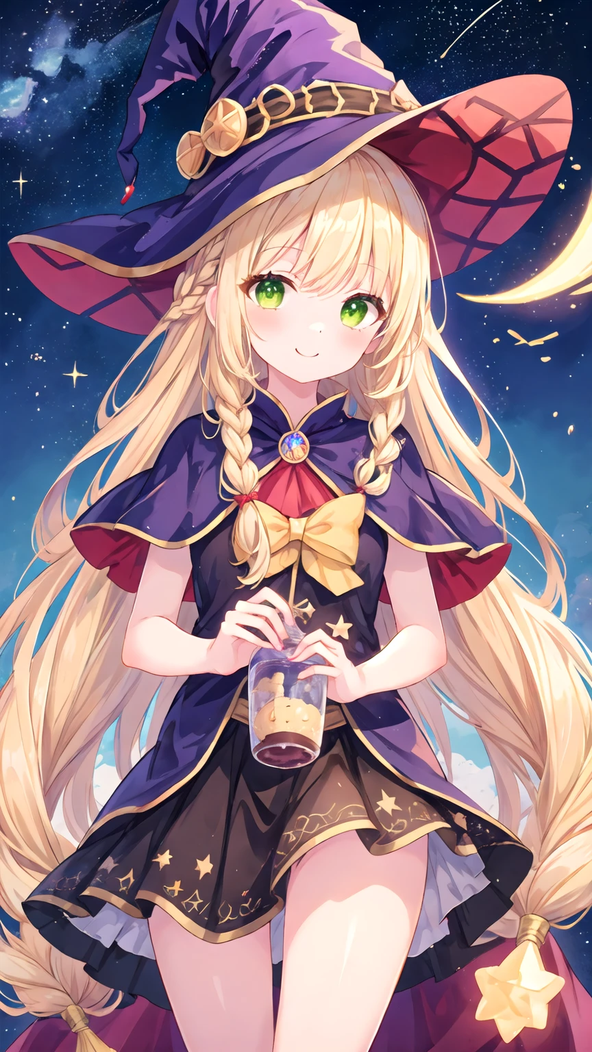masterpiece, Highest quality, Very detailed, shape, Starry Sky,cute, girl, alone, smile, witch Hat,mysterious,Beige Hair,Yellow-green eyes,Super Long Hair,Braided bangs,witch'Clothes,ta Fashion,Simple Background,星の装飾の着いたwitchのClothes,Wizard,beautiful girl,Star and moon motif,紺色のClothes
