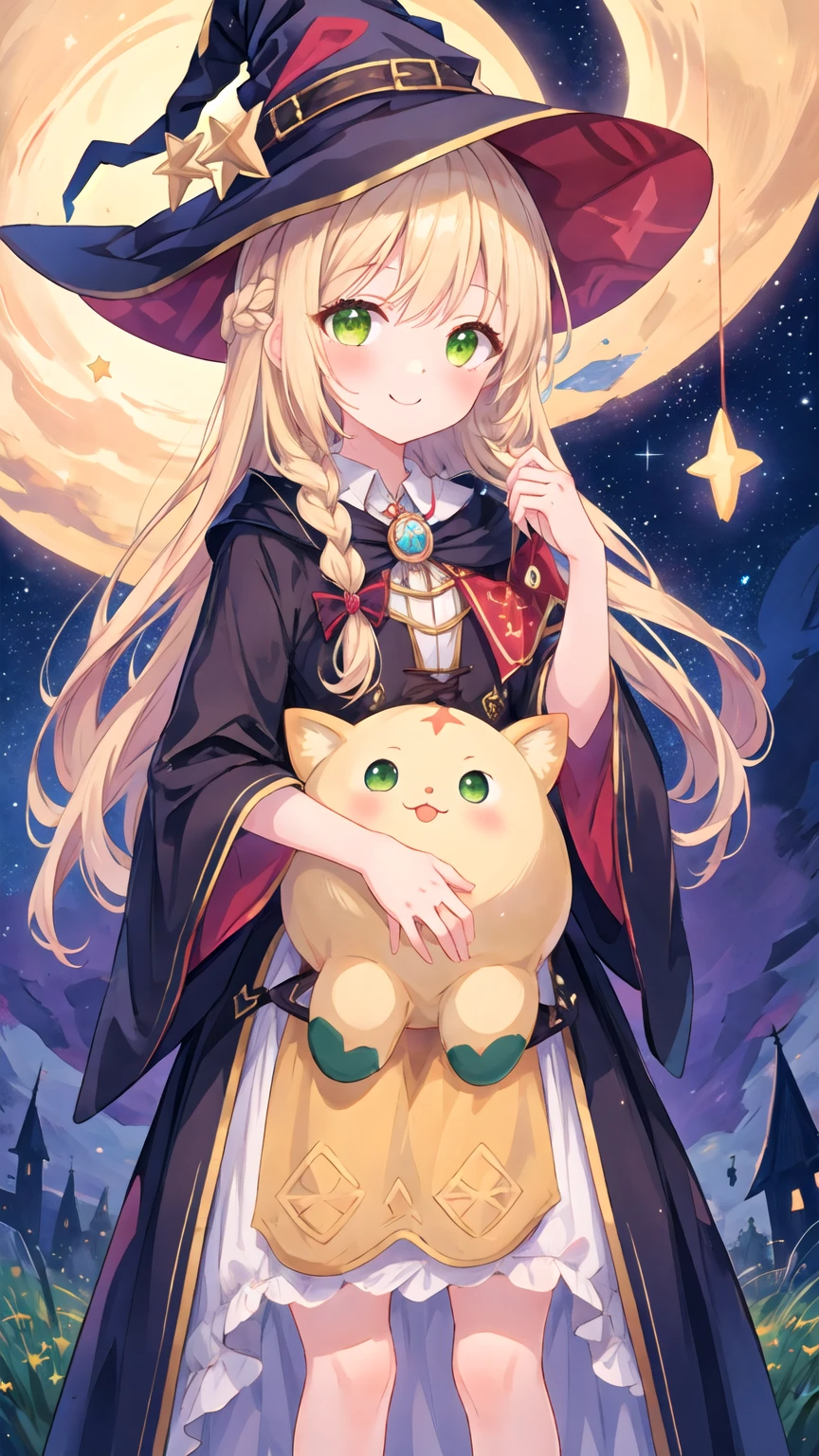 masterpiece, Highest quality, Very detailed, shape, Starry Sky,cute, girl, alone, smile, witch Hat,mysterious,Beige Hair,Yellow-green eyes,Super Long Hair,Braided bangs,witch'Clothes,ta Fashion,Simple Background,星の装飾の着いたwitchのClothes,Wizard,beautiful girl,Star and moon motif,紺色のClothes
