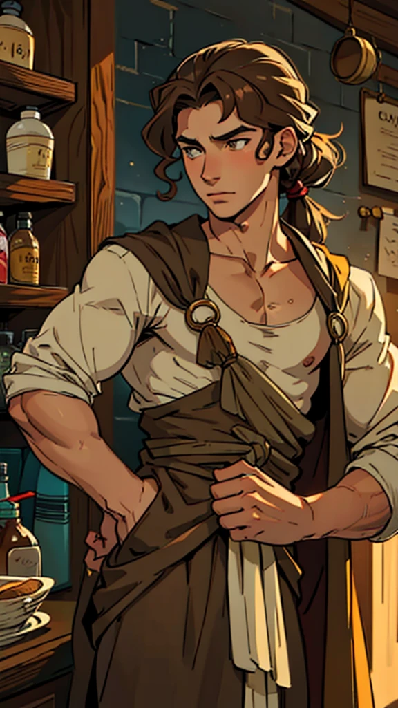 (Caucasian teenager), male, 18 years old, hazel eyes, (wavy brown hair), (hair tied back), medium hair, long nose, conniving. Fantasy merchant clothes,
