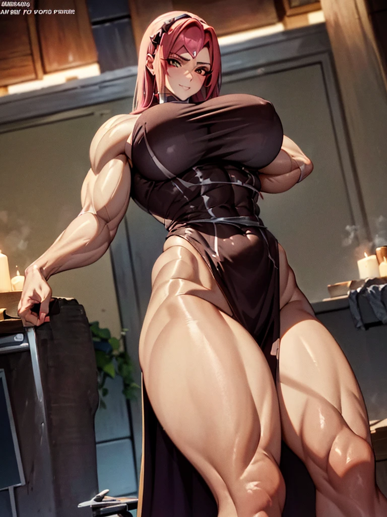 arafed female bodybuilder posing in front of candles, muscular ultraviolent woman, muscular and terrifying, strong and imposing, feminine and muscular, exaggerated physique, Dark goddess with six arms, exaggeratedly large physique, coxas musclegirls, detailed venous muscles, mulheres guerreiras musclegirls, massive muscles, dominant pose, huge muscles, bursting with muscles, extreme muscles, musclegirl, coastal, Huge coasts, side-by-side, gazing at viewer, looked at me, side-by-side, flexed arms, Eyes red, ela colocou as hands on breasts, , looking at me, malicious smile,facing me, hands on breasts, extremely tight dress, more muscular, muito musclegirl