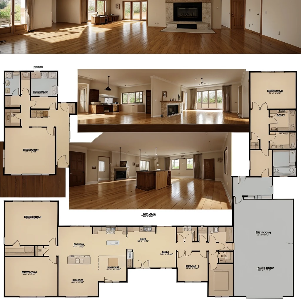 Plan Project of a house with 3 bedrooms and 2 bathrooms, one of which is located in one of the bedrooms, living room and kitchen with fireplace
