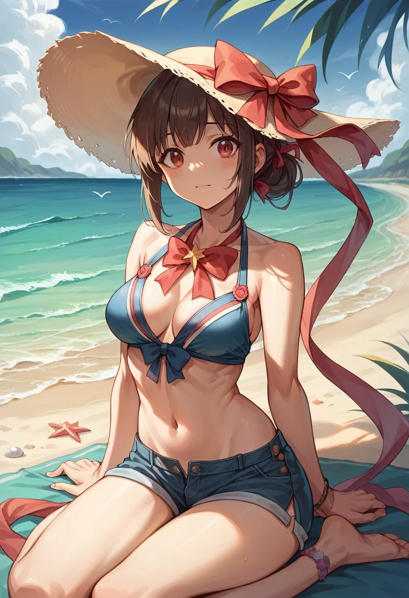 (masterpiece, best quality:1.2), (1girl, solo), (High quality:1.4), (High detailed:1.2), Sakimi-chan, a european girl with 18 years old, (just the gift ribbons serving as clothes), ((medium breasts)), (beach scene),