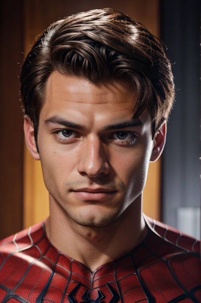 A photograph of spider man, no mask, 20 yo, handsome, detailed face, looking at camera, portrait, 8k uhd, high quality