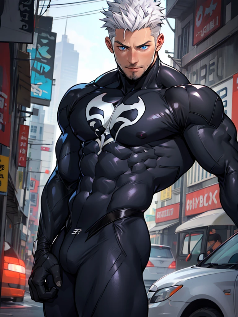 muscular wrestler male, masterpiece, intricate details, upper body, best quality, eye focus, black hair, manly, stubble, venom, umbreon symbiote costume,(emiya_shiro:1.2),dark skin, 1boy, (symbiote full bodysuit:1.1), eye focus, face, detailed eyes, symbiote skin tight, blue eyes, full body, bodyduiler flexing,