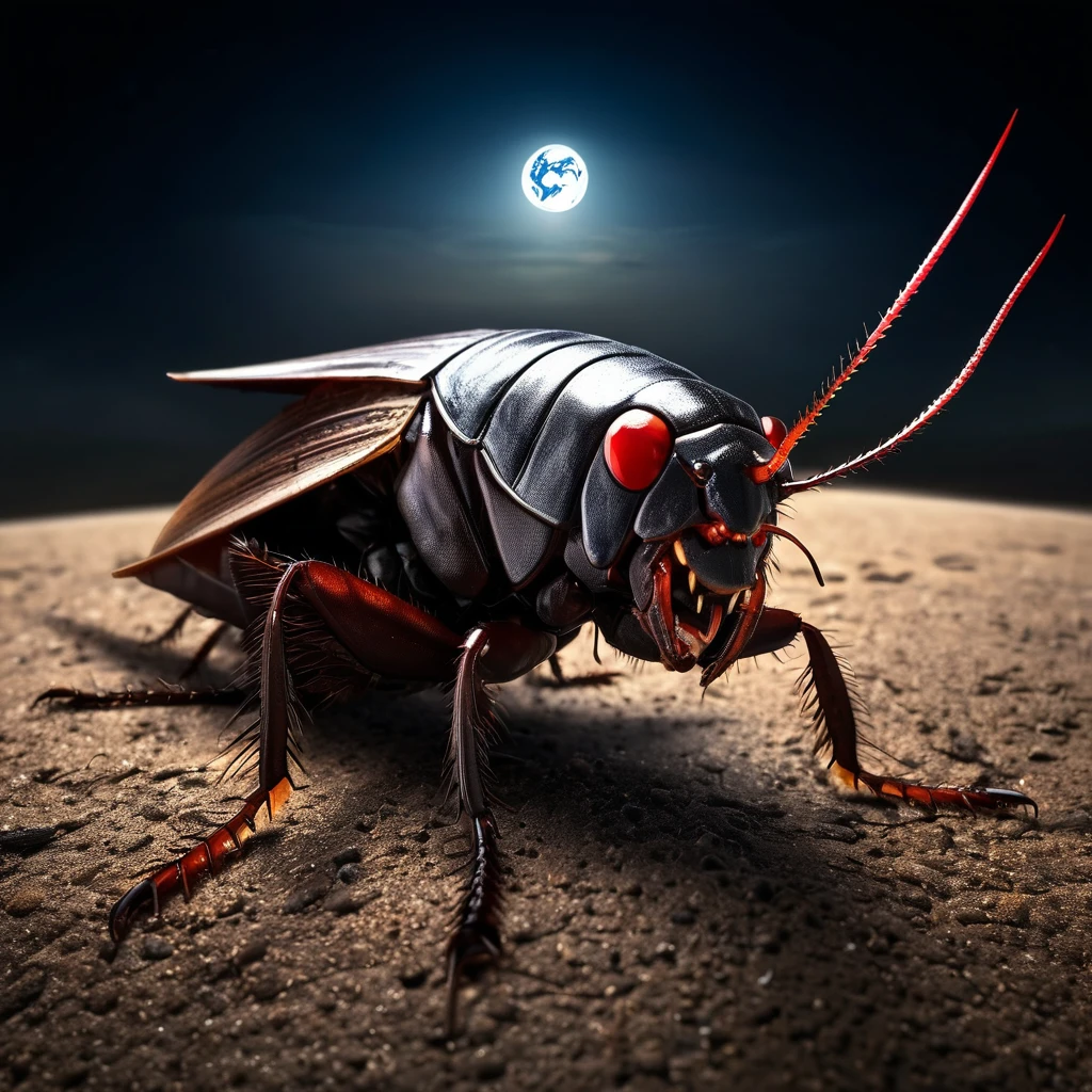 A large and powerful cockroach, with a demonic face with red eyes, open mouth, long and sharp teeth, it plays with a small planet Earth, in a dark earthen desert, with a gloomy atmosphere