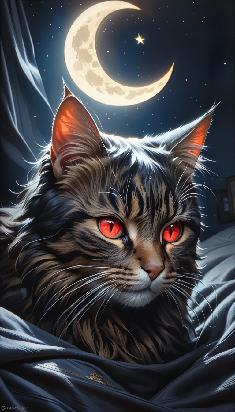 a fierce cat with glowing red eyes, dark satanic magic, night sky with a crescent moon and stars, oil painting, (best quality,4k,8k,highres,masterpiece:1.2),ultra-detailed,(realistic,photorealistic,photo-realistic:1.37),dark,dramatic lighting,dramatic colors,mystical,surreal,chiaroscuro,painterly,Bill Sienkiewicz inspired,cinematic composition
