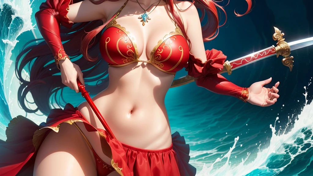 a close-up of a woman in a red dress and a sword, us one piece, of one piece, us of one piece, fine-details. アニメ. Tentacles, wearing shell costume, us, ornate bikini armor, her belly button is exposed, scales covering her chest, estilo of one piece, captura de tela de um アニメ de 2012