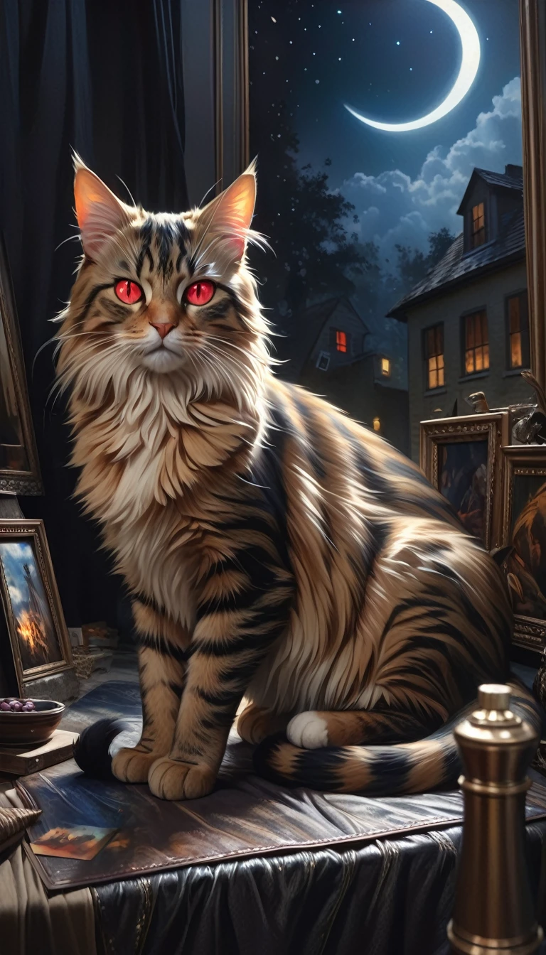 a fierce cat with glowing red eyes, dark satanic magic, night sky with a crescent moon and stars, oil painting, (best quality,4k,8k,highres,masterpiece:1.2),ultra-detailed,(realistic,photorealistic,photo-realistic:1.37),dark,dramatic lighting,dramatic colors,mystical,surreal,chiaroscuro,painterly,Bill Sienkiewicz inspired,cinematic composition
