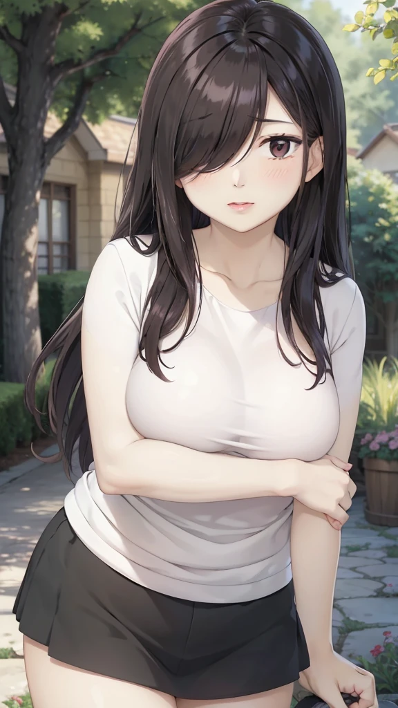 Cute mommy, mature women, realistic skin,perfect ,black hair, long hair, (hair over one eye:1.4), messy hair, hair between eyes, cute shirt,pink mini skirt, chubby,plump,fat,pucker lips,cute shy blush on,garden, under tree,night