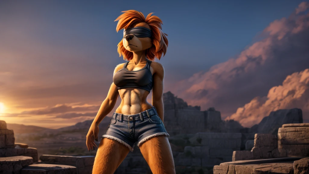 Skye from Paw Patrol, female cockapoo, anthro, mature adult, orange hair with fringe, medium breasts, medium butt, tall, blindfold, wearing a cropped combat top and shorts, standing, serious, detailed, solo, beautiful, high quality, 4K