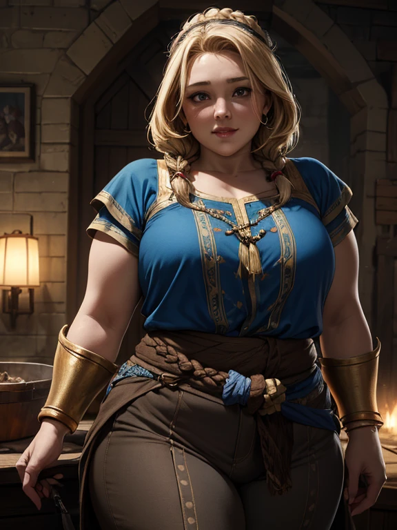 (masterpiece, highly detailed, artstation, absurdres, fantasy), solo, (big head), happy facial expression, (woman dwarf, short body, short legs, broad shoulders, broad waist, chubby:1.3), long blonde hair braided, bangles, bow and arrow, light armor, blue shirt, brown pants, golden tattoos, in a dwarven stronghold, sharp focus, cinematic composition, 