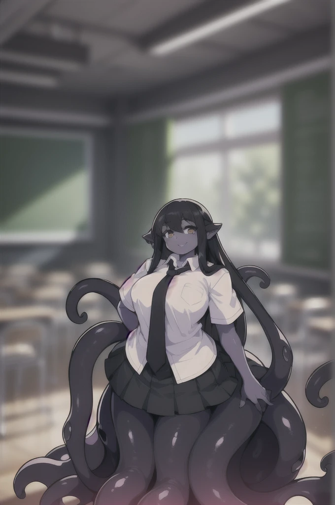 (1girl ,20s,mature female,adult),happy,white shirt,short sleeves,black standard tie,white school skirt,black hair,long hair,(classroom),((shoggoth body,pure dark skin,colored skin)),full body