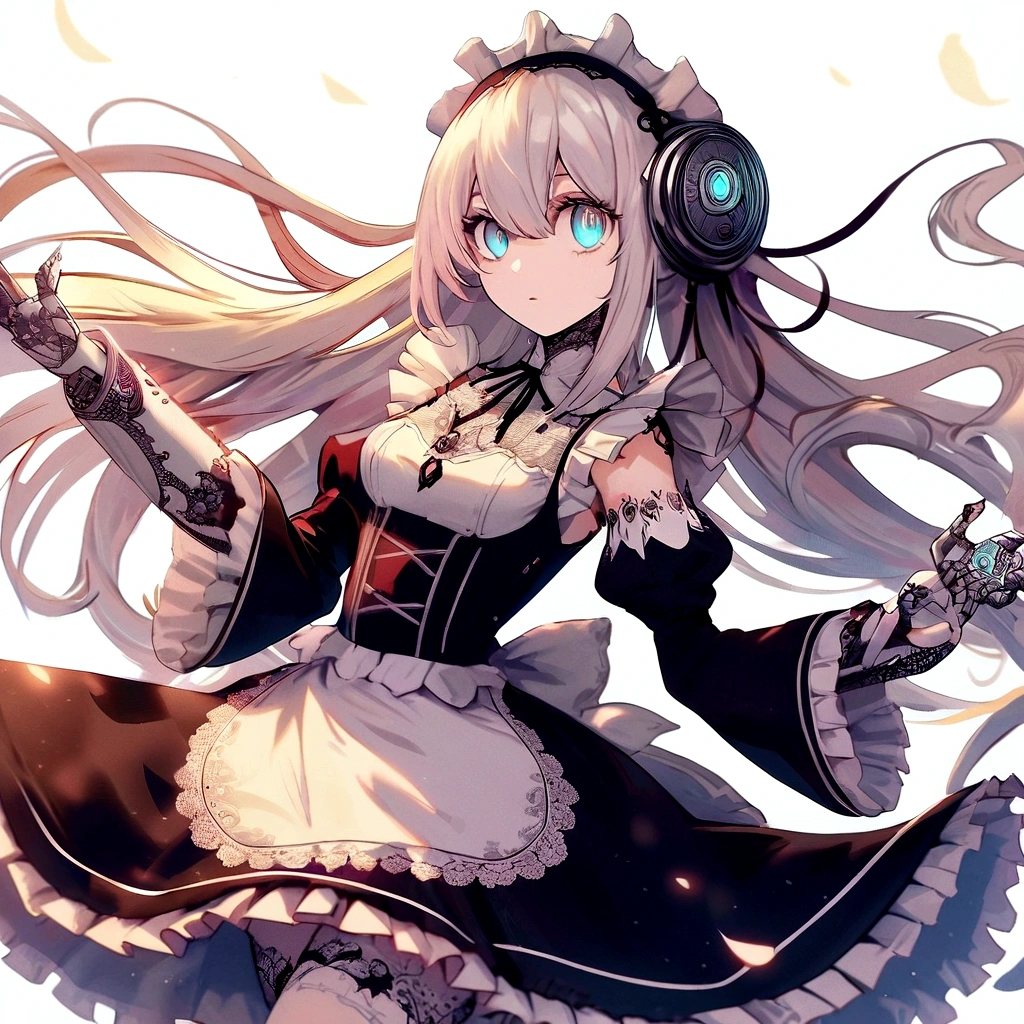 Modify the image: change the hair to short, front hair white, back hair black, and change eye color to black while maintaining the original style and color scheme
