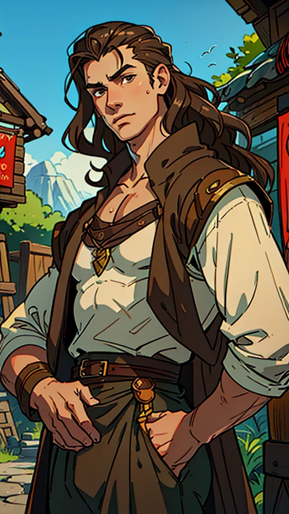 (Caucasian teenager), male, hazel eyes, (wavy brown hair), (hair slicked back), medium hair, long nose, conniving. Fantasy merchant clothes, dungeons and dragons 